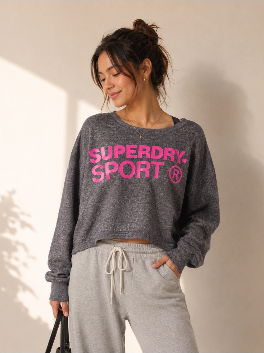 Superdry Heather Gray Cropped Sweatshirt‎ with Hot Pink Logo